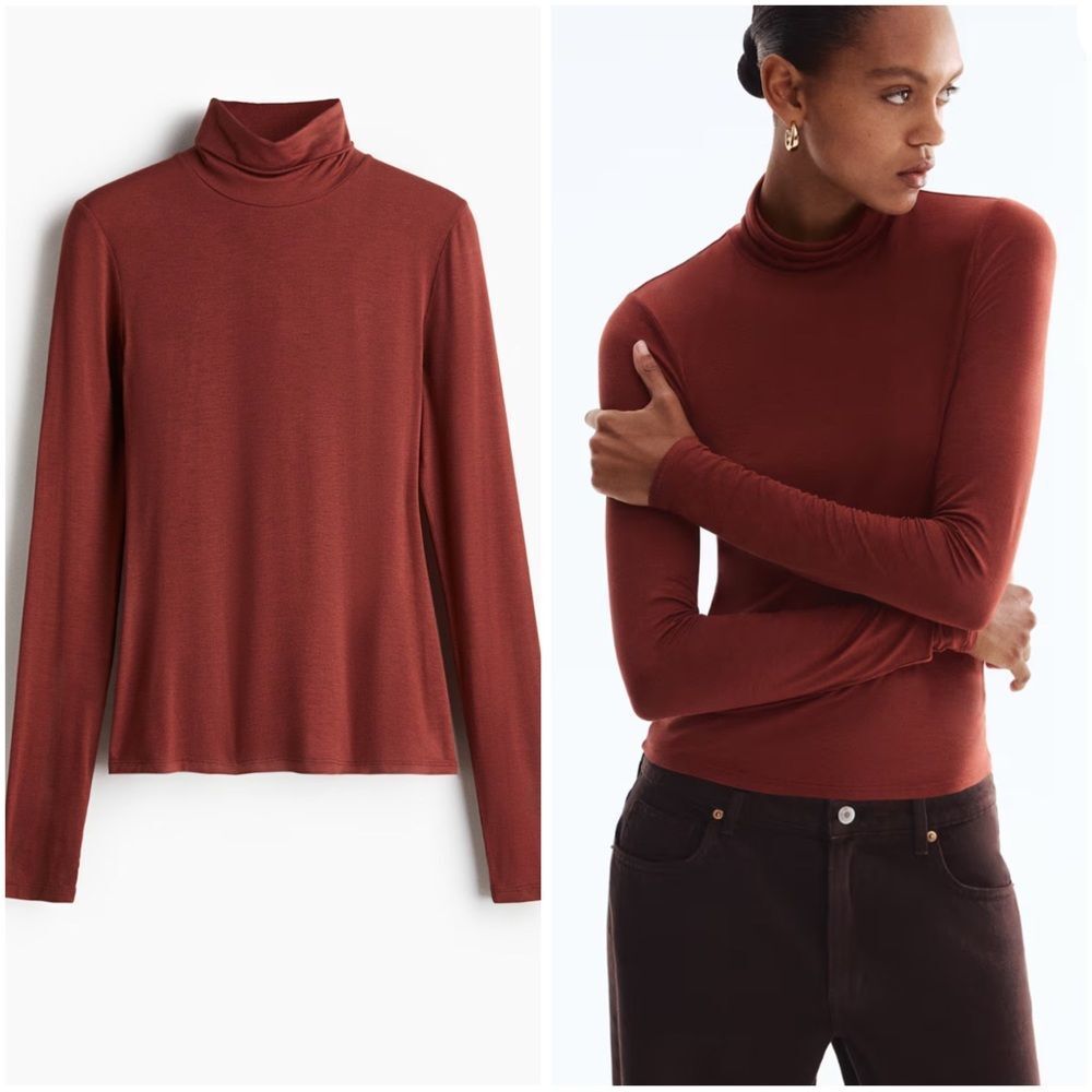 H&M Turtleneck Top Viscose Rust Red NWT - image 1